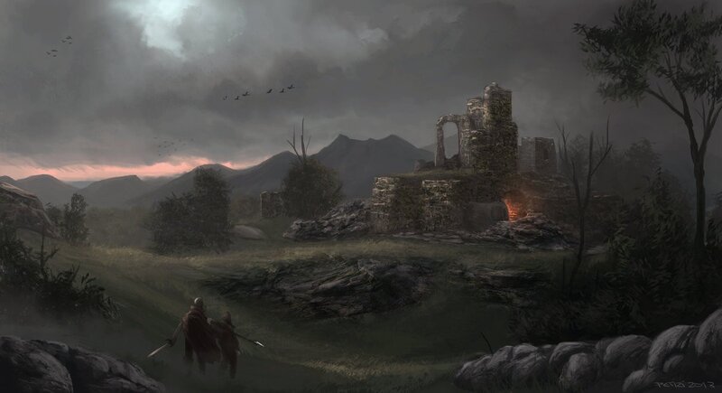 Ruins at dusk with travelers