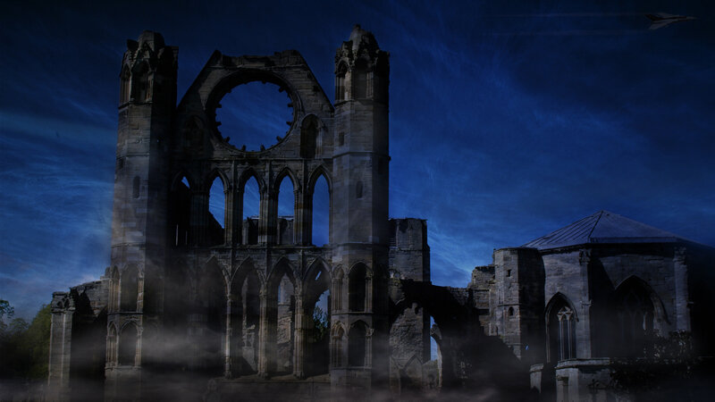ruins at night with airplane