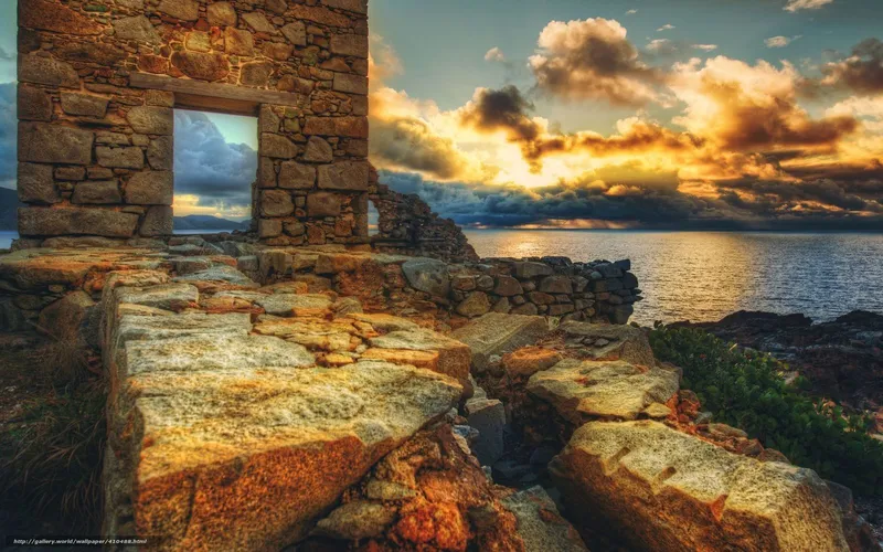 Ruins at sunset by the sea
