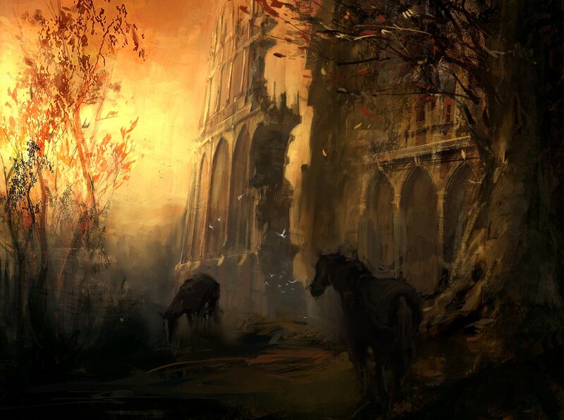 Ruins at sunset with horses
