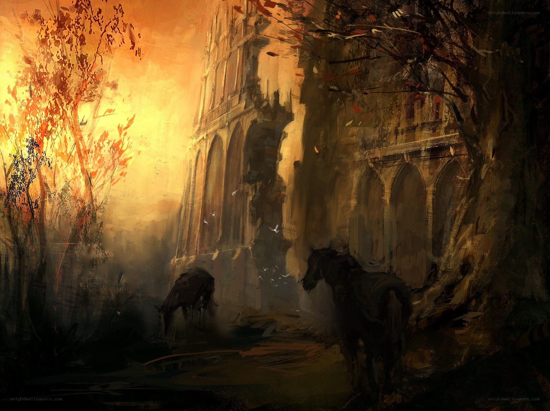 Ruins at sunset with horses