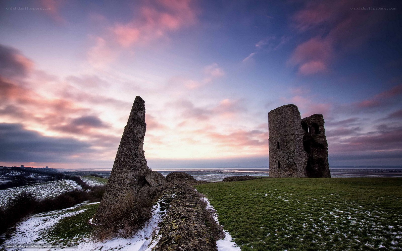 Ruins at sunset with pink sky