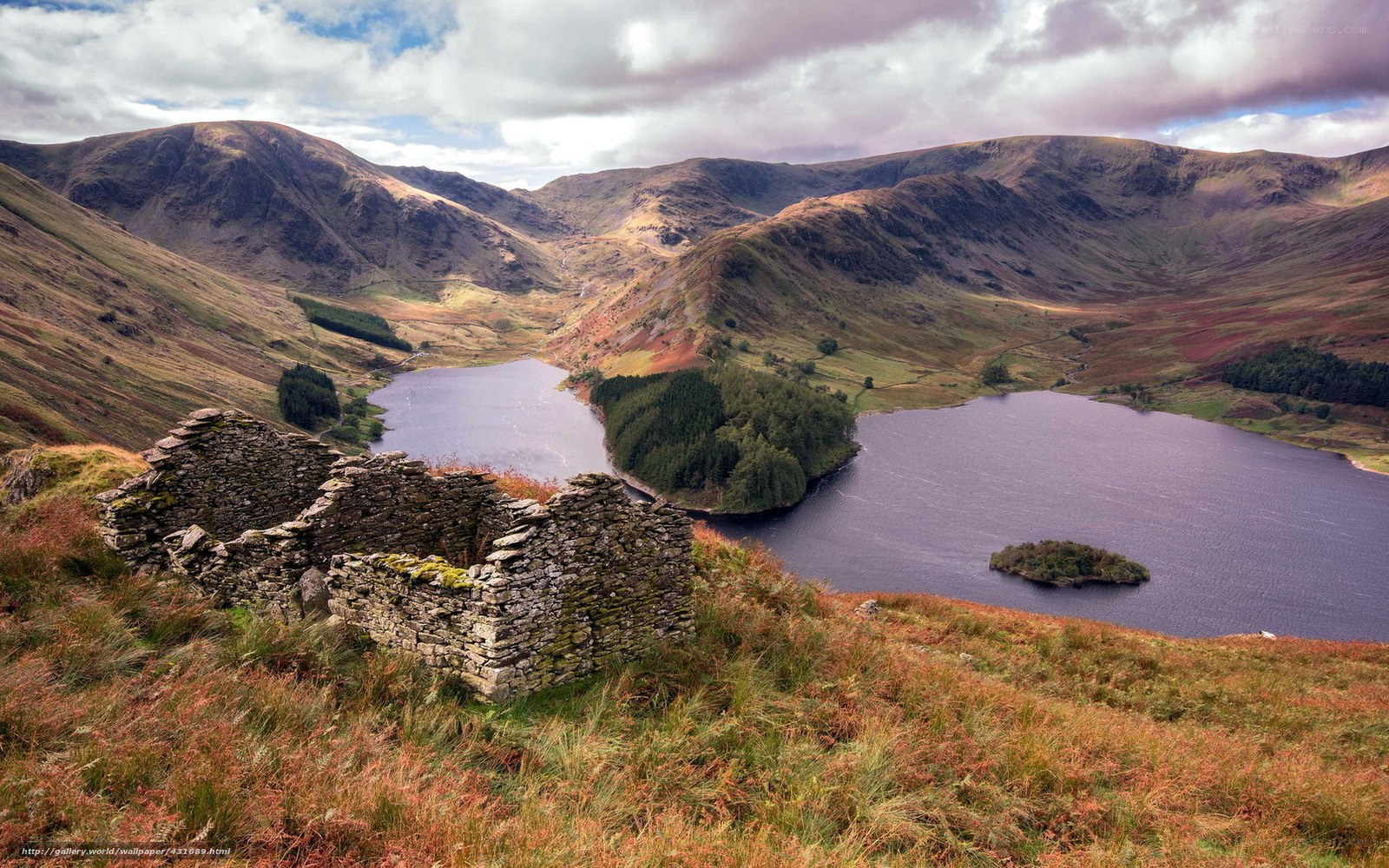 Ruins by a mountain lake
