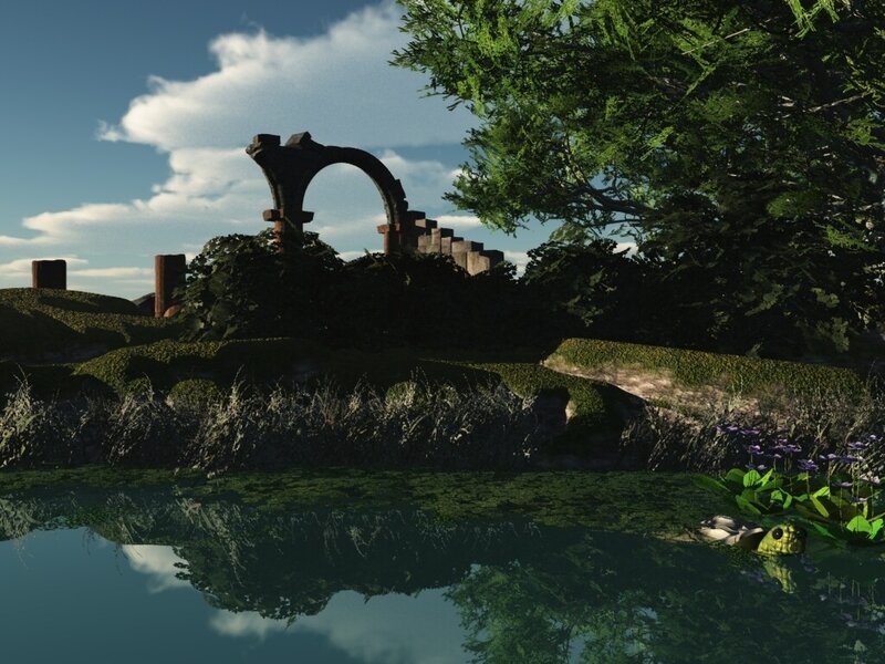 ruins by a pond