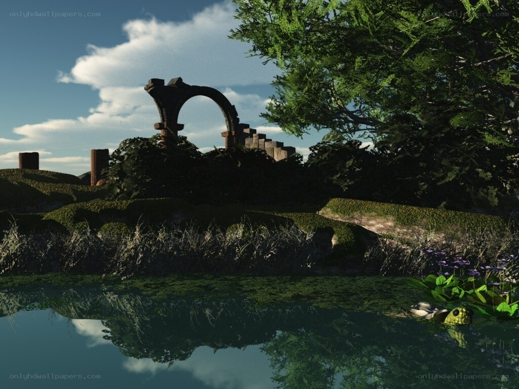 ruins by a pond