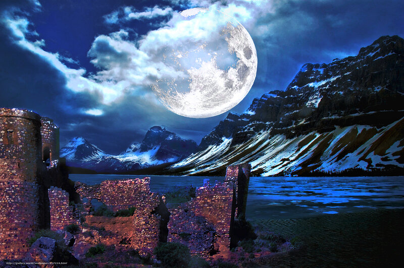 Ruins by Lake at Night