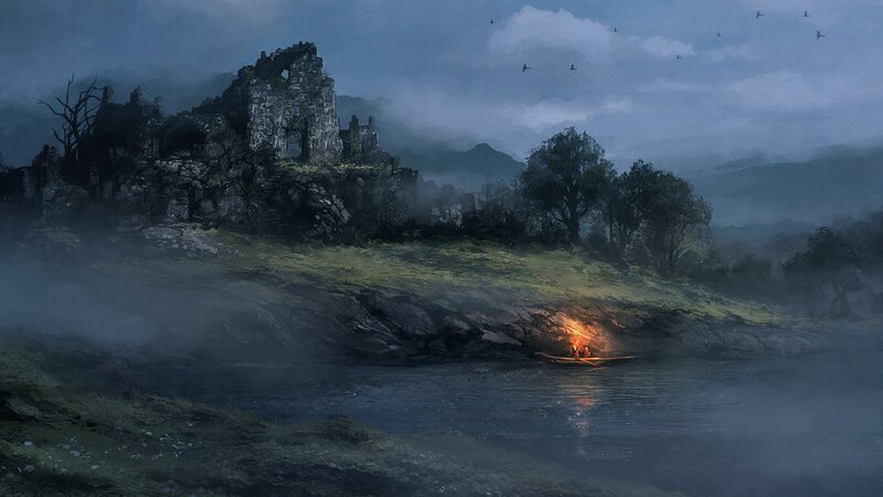 Ruins by the river at dusk