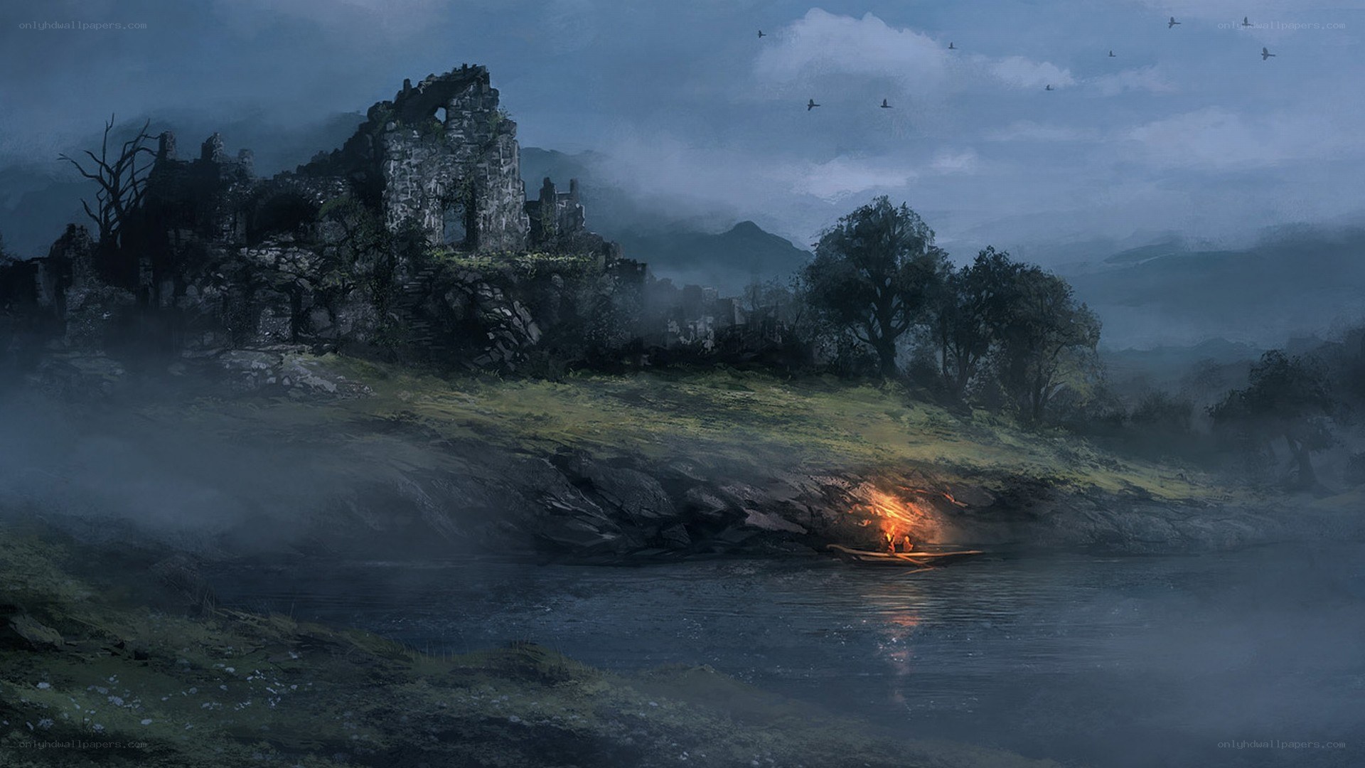 Ruins by the river at dusk