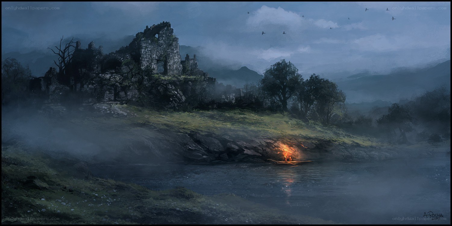 Ruins by the river at dusk
