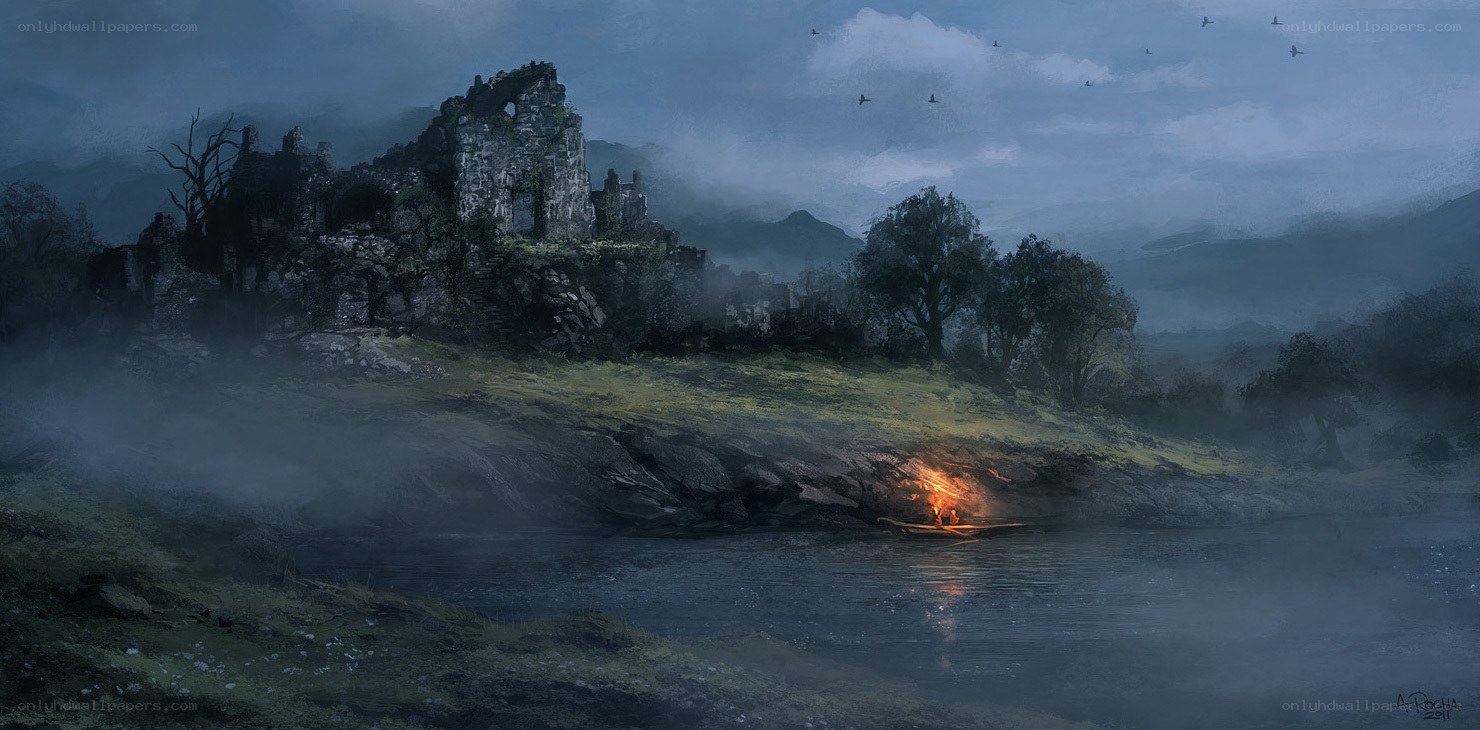 Ruins by the river at dusk