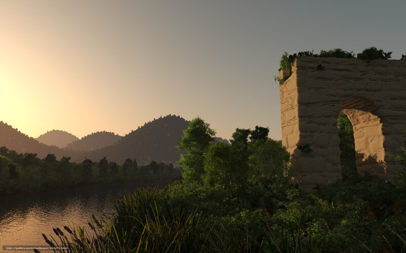 ruins by the river at sunset