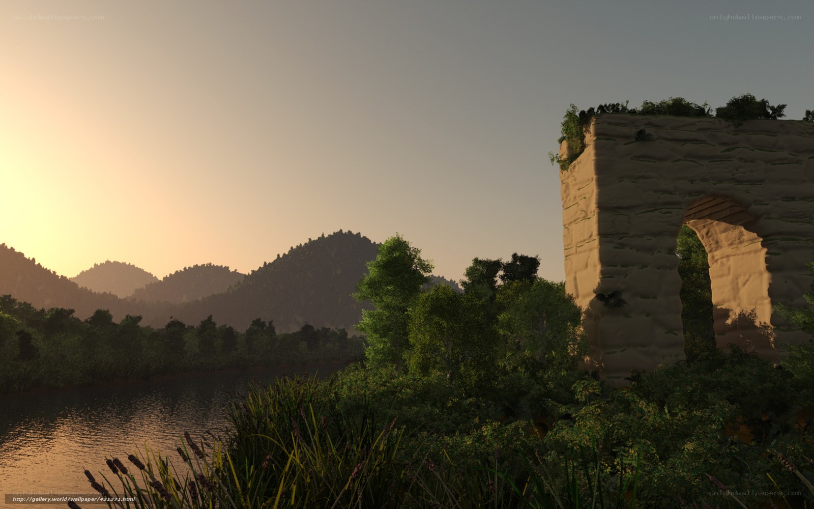 ruins by the river at sunset