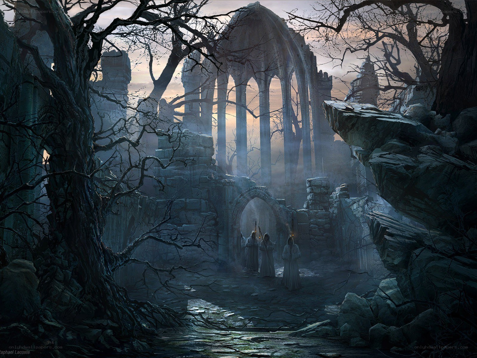 ruins in a dark forest