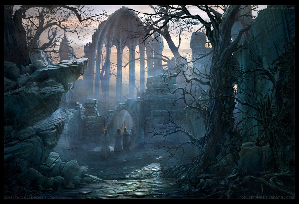 ruins in a dark forest