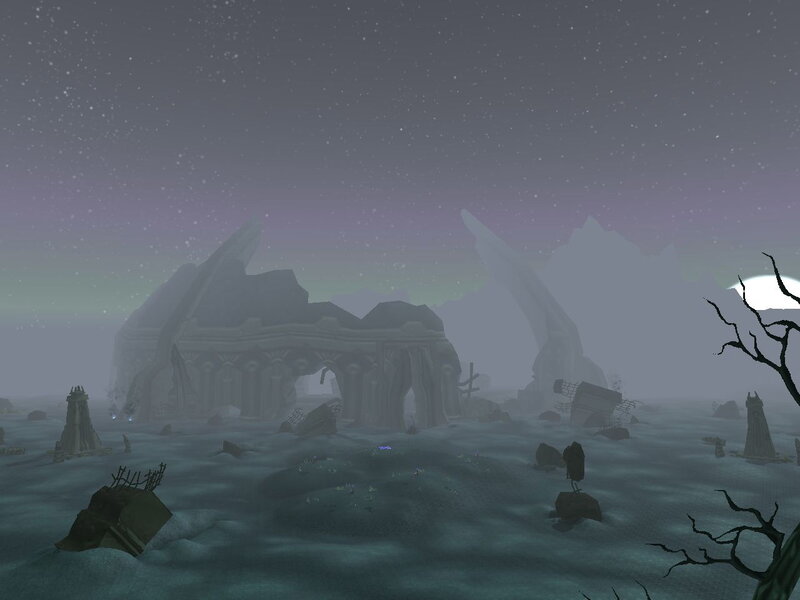 ruins in a foggy landscape