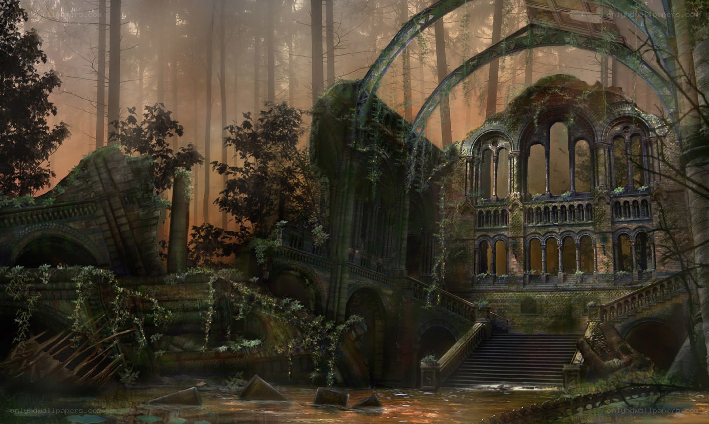 Ruins in a misty forest