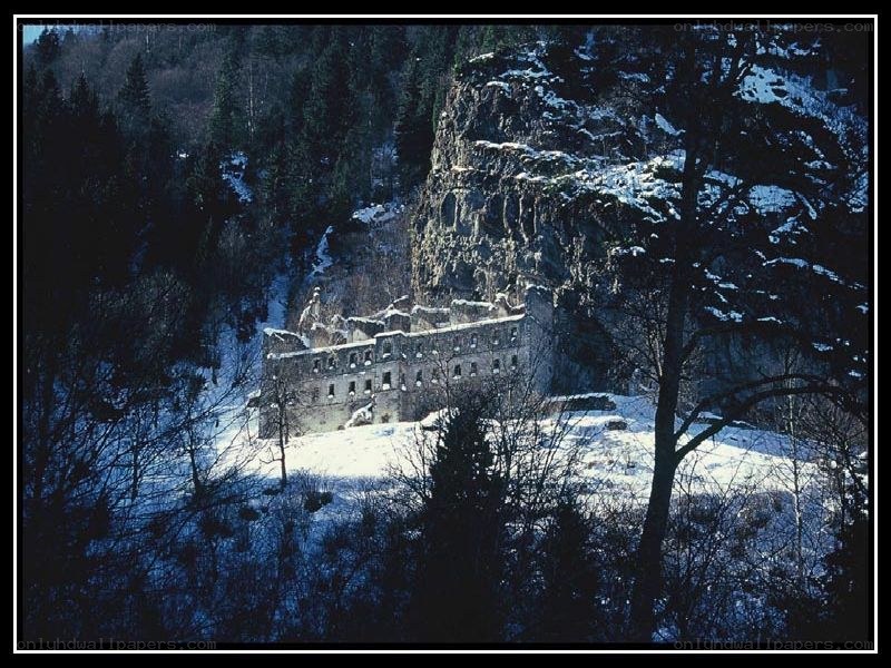 ruins in snowy forest