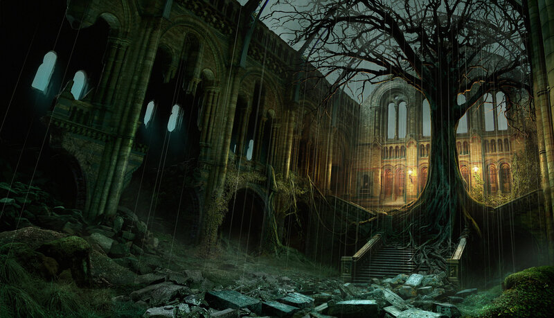 Ruins of a cathedral in the rain