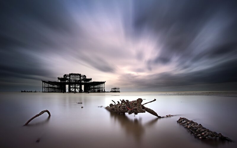 Ruins of West Pier at dusk