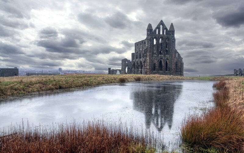 Ruins of Whitby Abbey — Gray, Dramatic, Photograph, Cloudy Sky, Pond