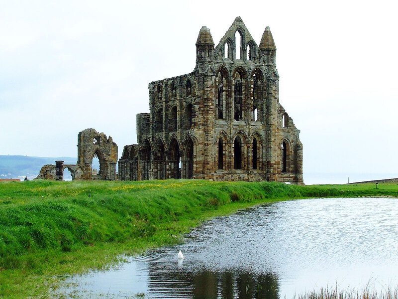 Ruins of Whitby Abbey — Green, Serene, Afternoon, Photograph, Grass, Water