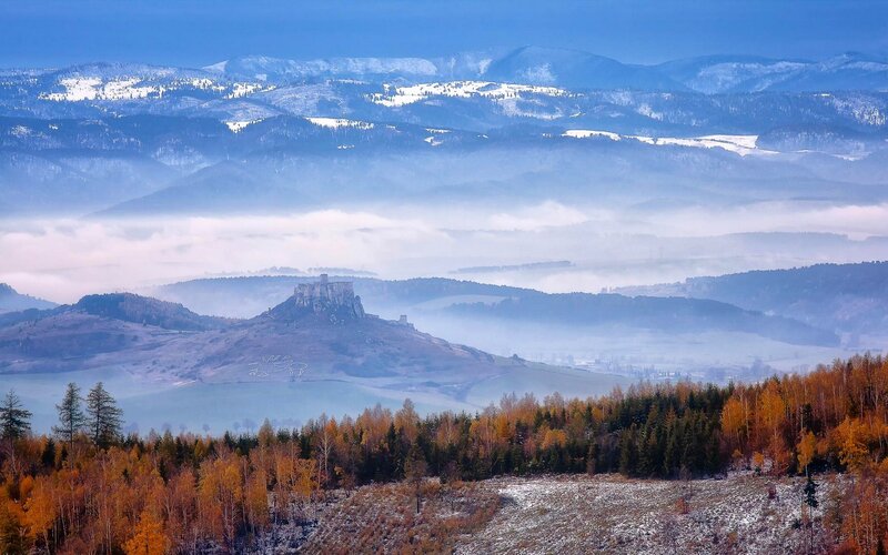 Ruins on a Hill — Blue, Serene, Autumn