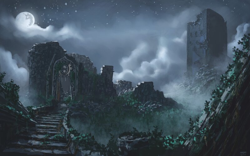 ruins under a full moon