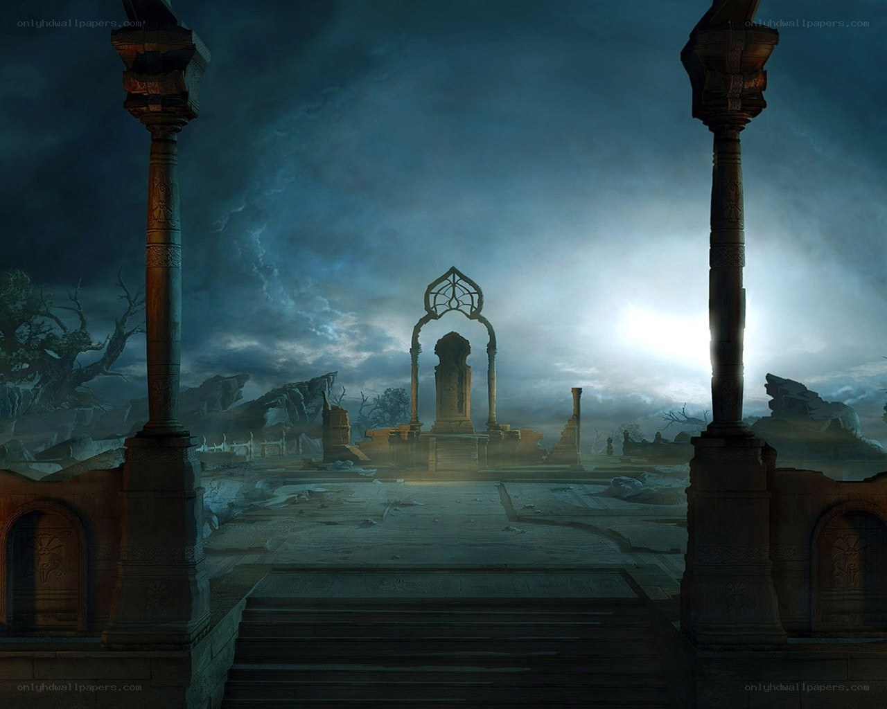 ruins under a stormy sky