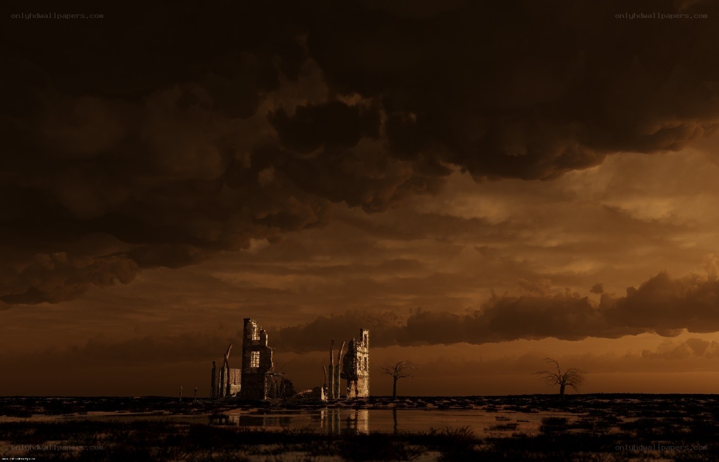 Ruins under a stormy sky