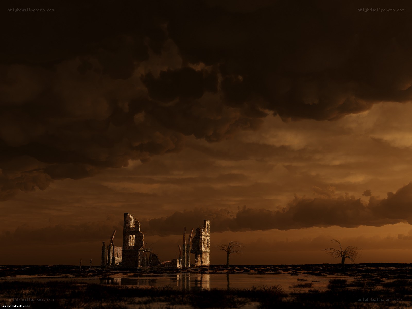ruins under stormy sky