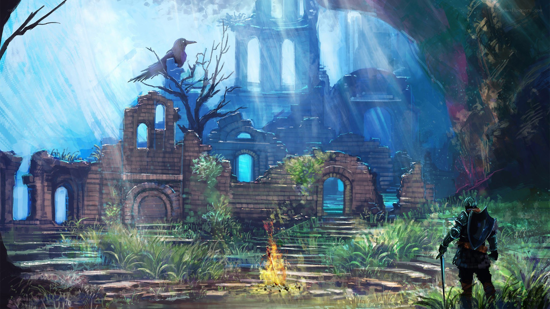 Ruins with a crow and knight