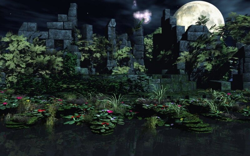 Ruins with Pond at Night