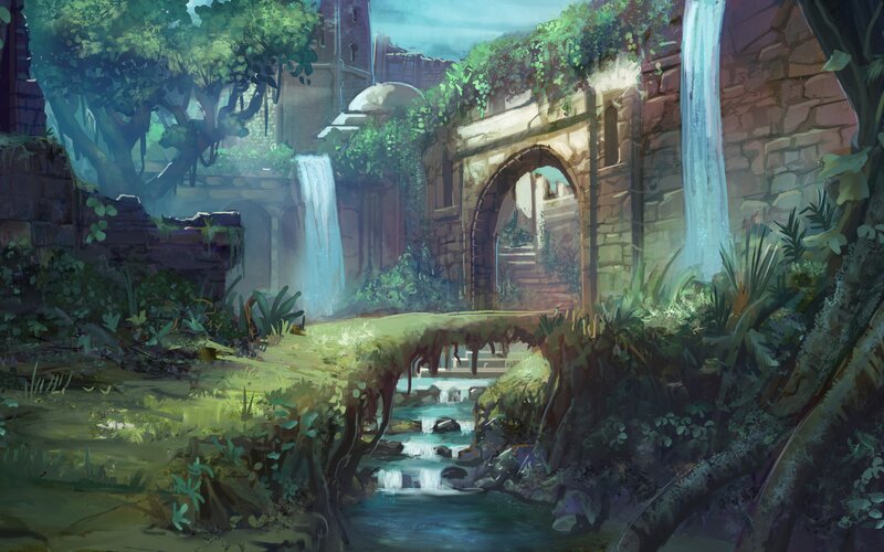 Ruins with waterfall and stream