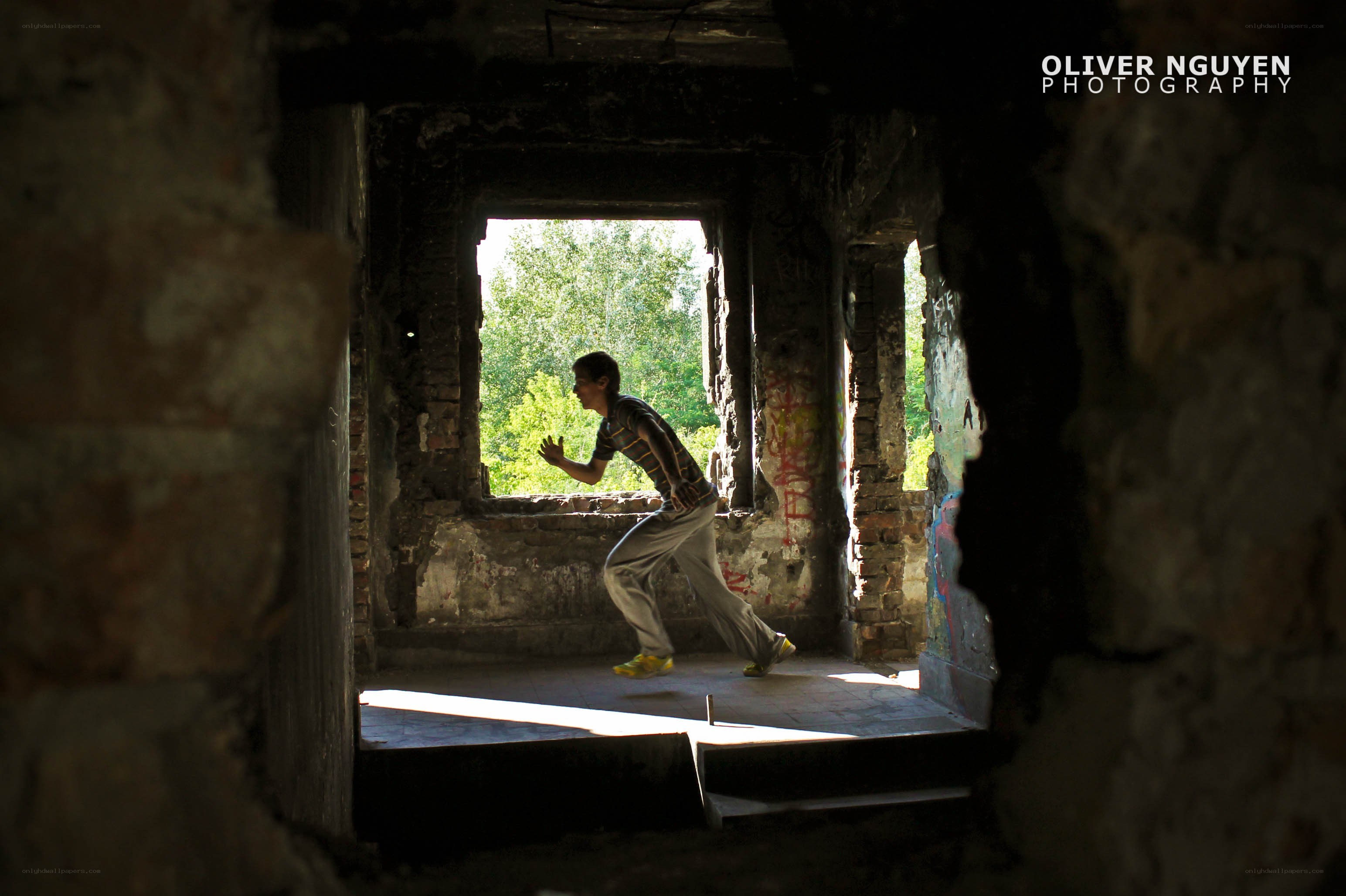 Runner in an abandoned building