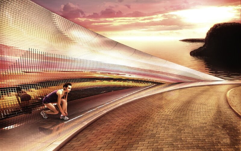Runner on a futuristic path