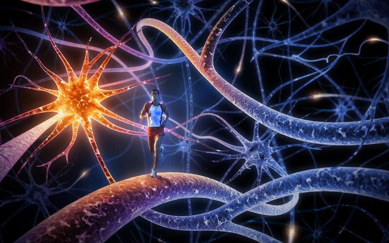Runner on Neuron Network — Blue, Dramatic, Digital Art