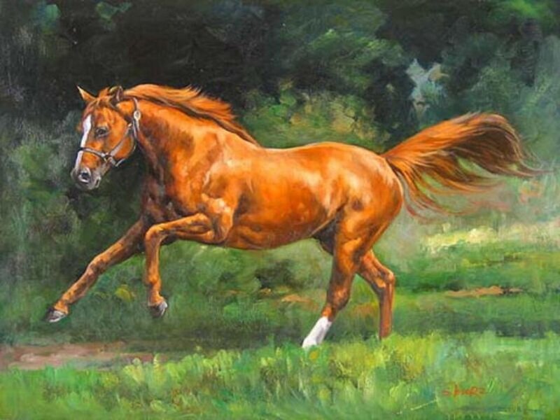 Running chestnut horse painting