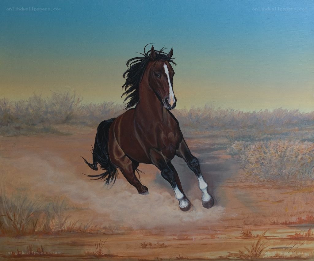 Running horse in a field