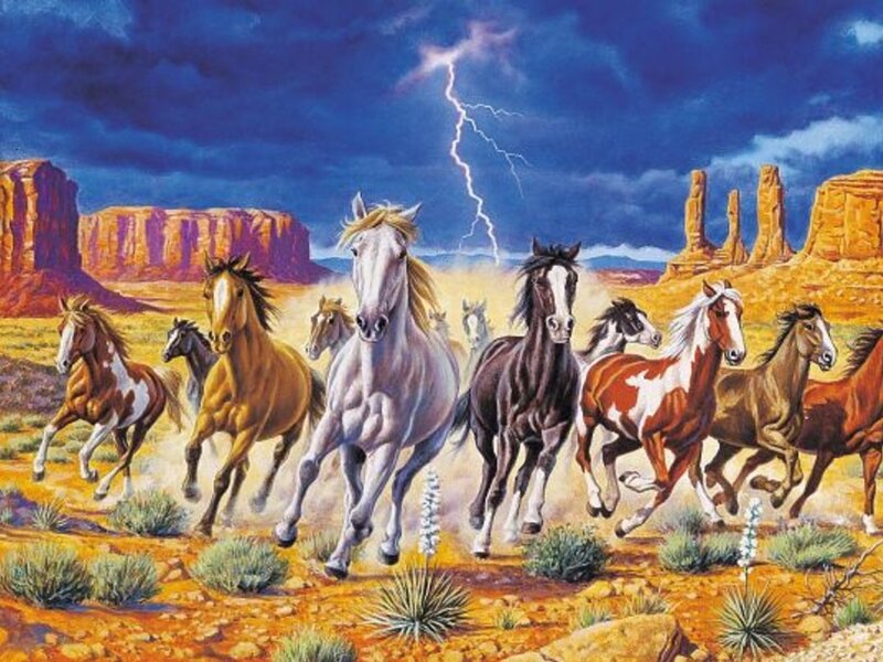 Running Horses in Desert — Blue