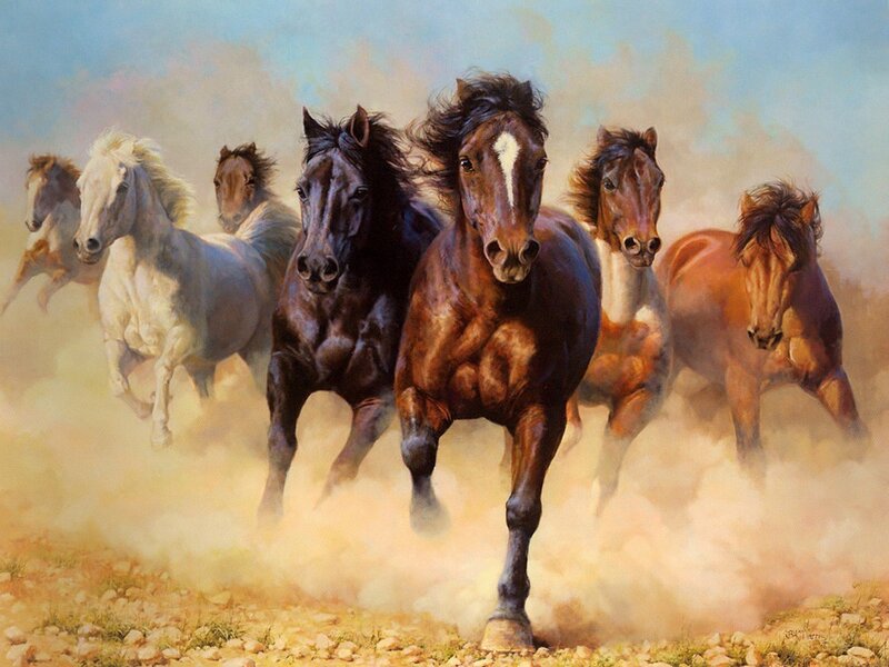 Running Horses in Dust — Brown, Dynamic, Afternoon, Painting
