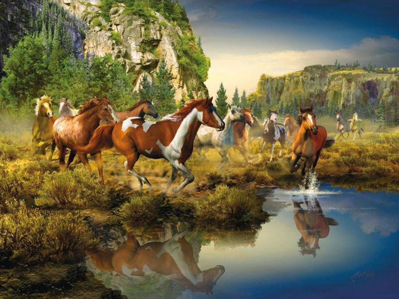 Running Horses in Field — Brown, Dynamic, Afternoon, Digital Art