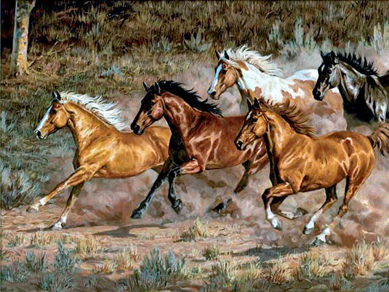 Running Horses in Field — Brown, Dynamic, Painting