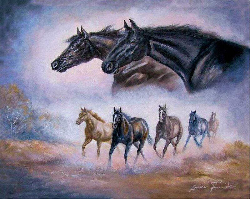 Running Horses in Mist