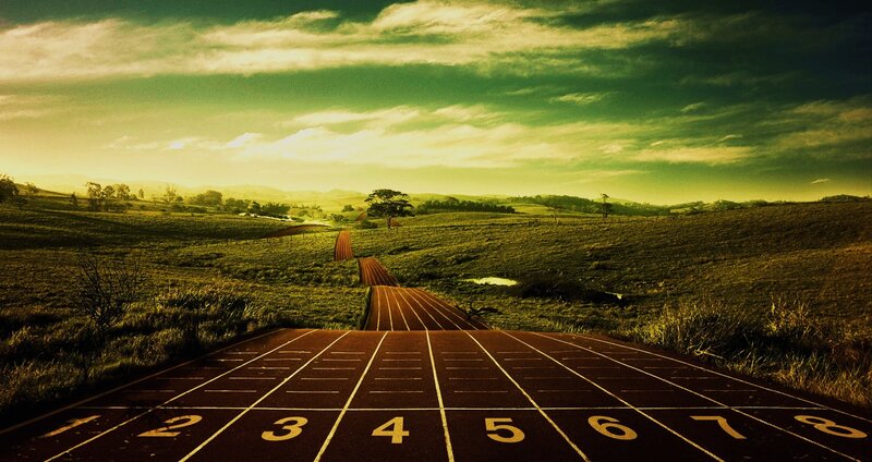 Running Track in Field — Green, Dramatic, Sunset
