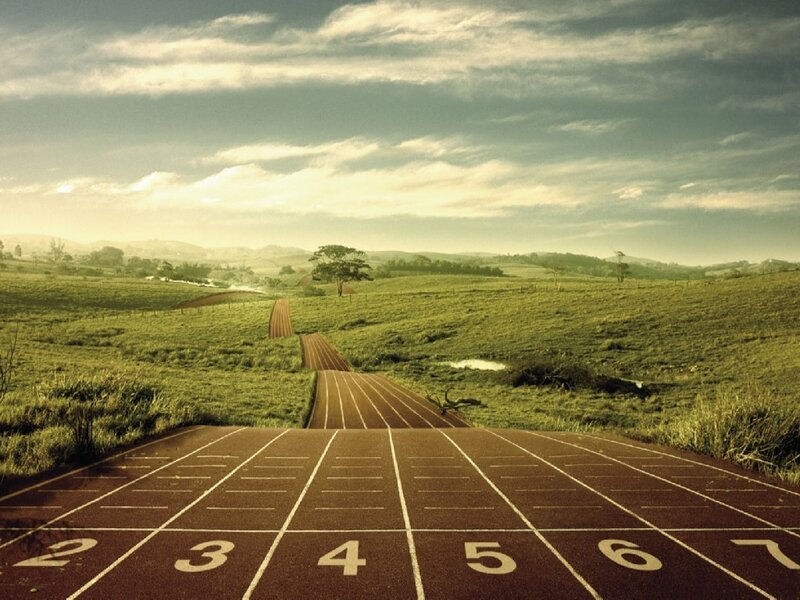 Running Track in Field — Green, Serene, Morning, Photograph, Tree