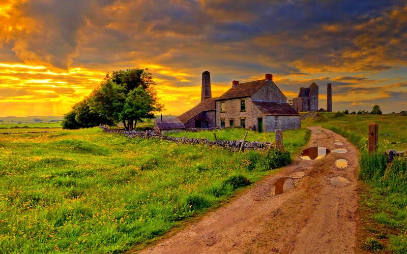 rural cottage at sunset