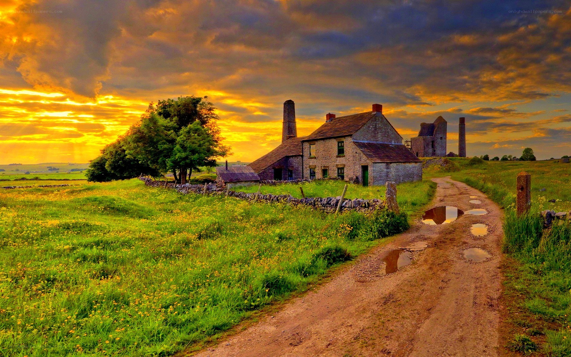 rural cottage at sunset