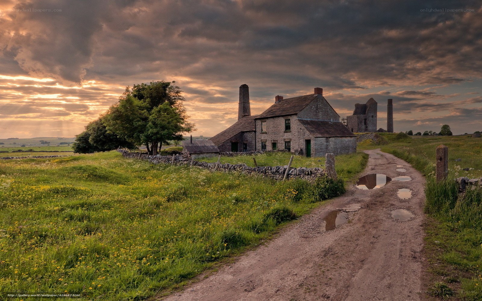 Rural cottage at sunset