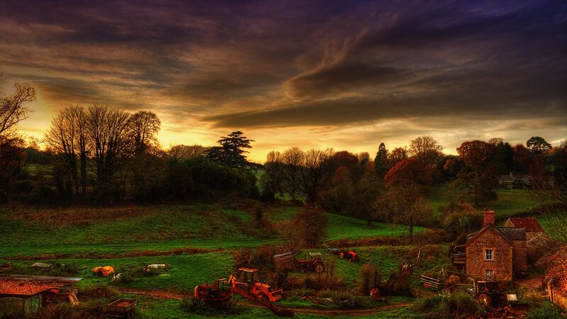 rural farm at sunset