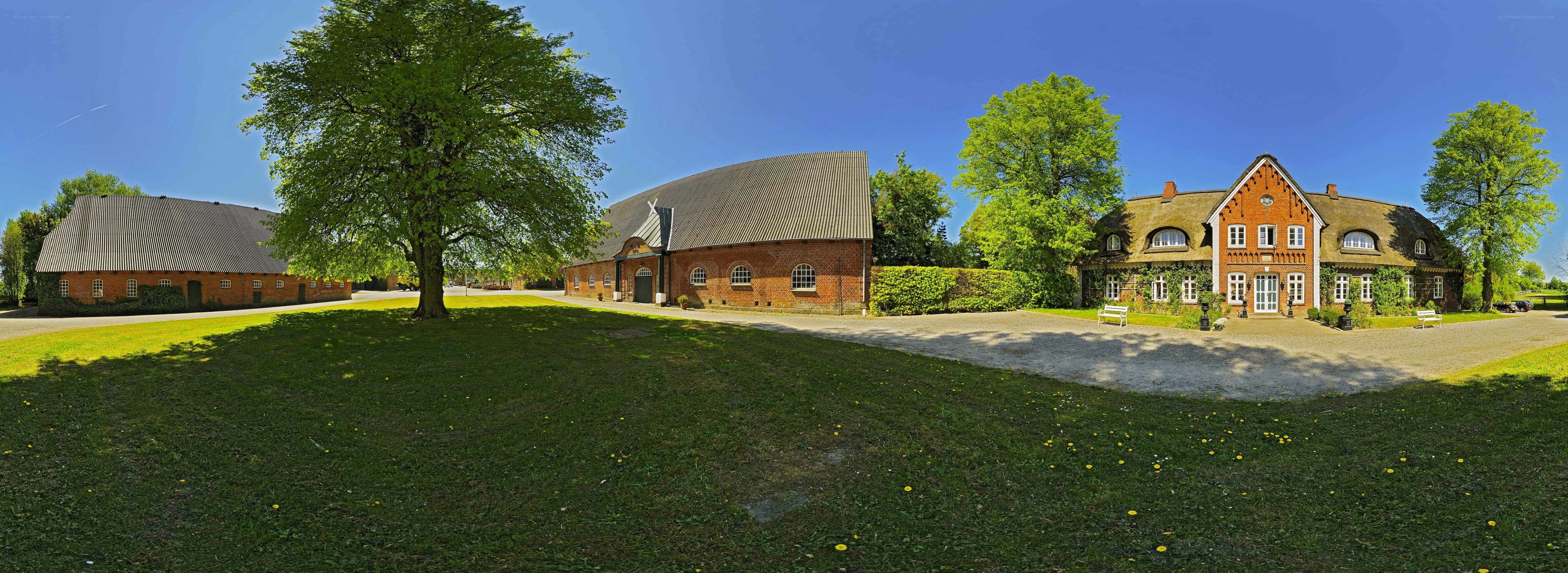 Rural farm complex with brick buildings